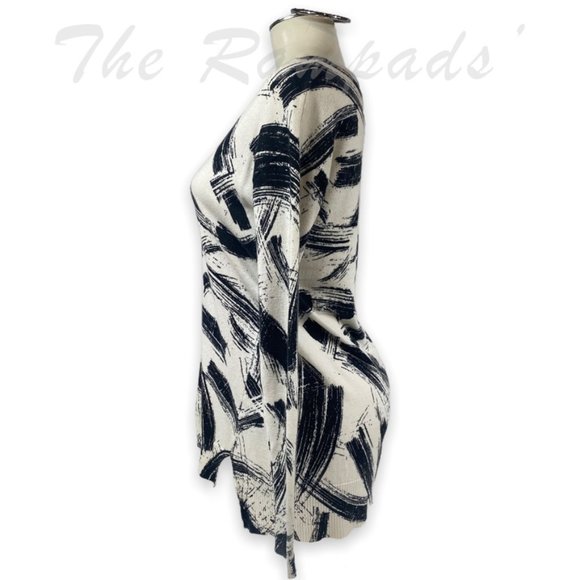 Vince Camuto Black and White Painted Abstract Pattern Long-sleeve Tunic … - Picture 3 of 8